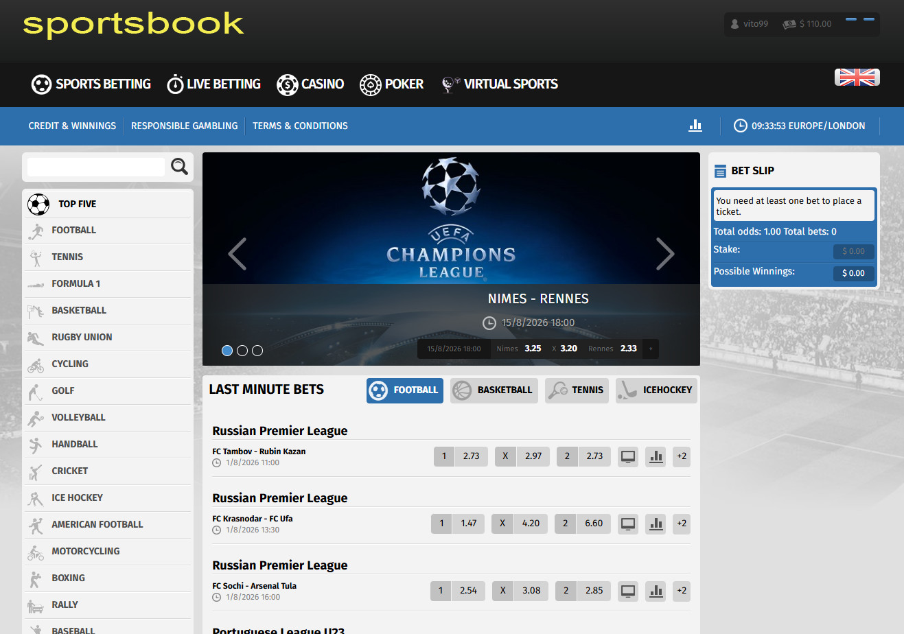 Sports betting + casino + 10-player online poker + virtual sports.