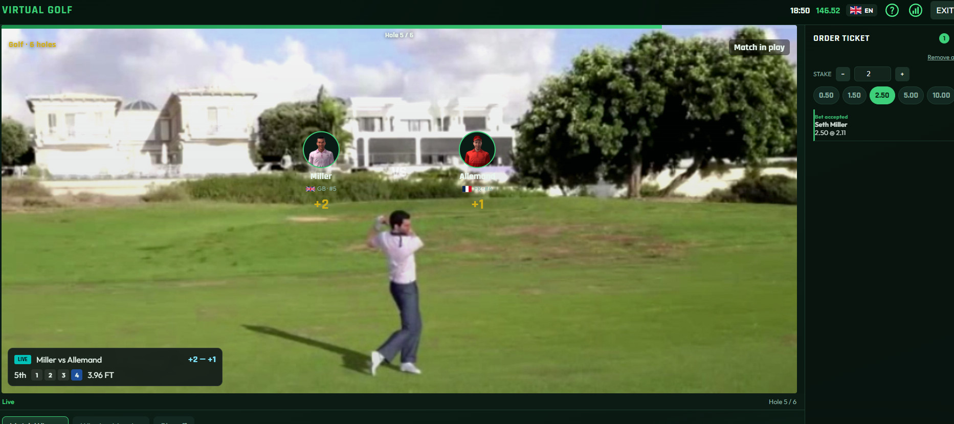 Virtual sports golf game Real-money betting game