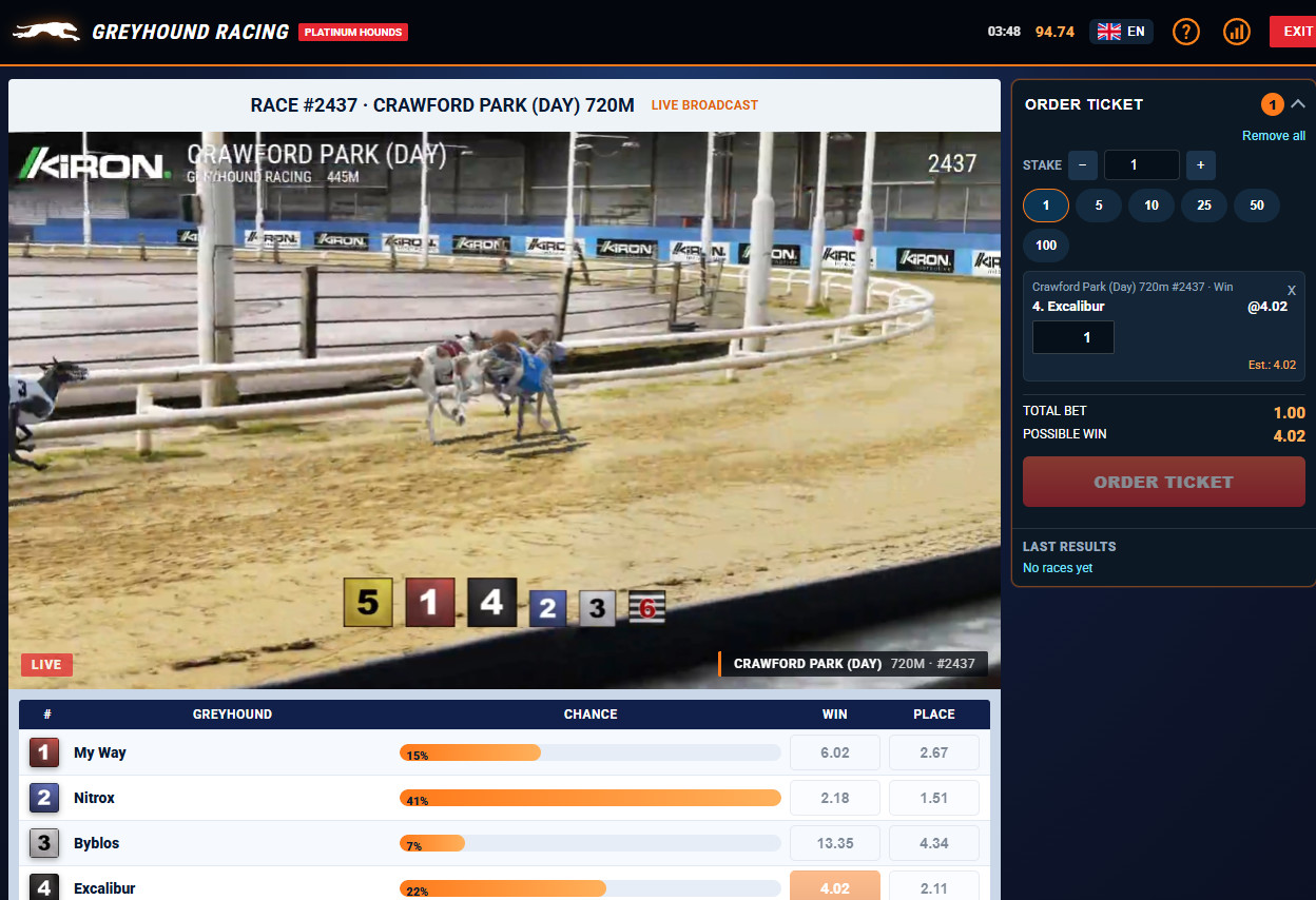 Greyhound racing, real matches, and virtual sports with real-money betting.