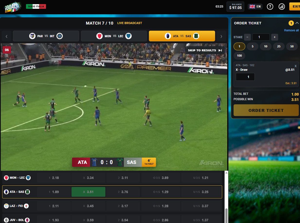 Italian Championship virtual sports with real-money betting.