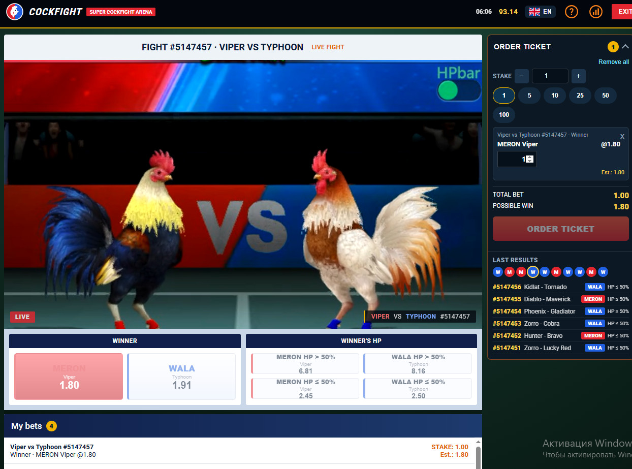 Virtual cockfighting with real-money betting.
